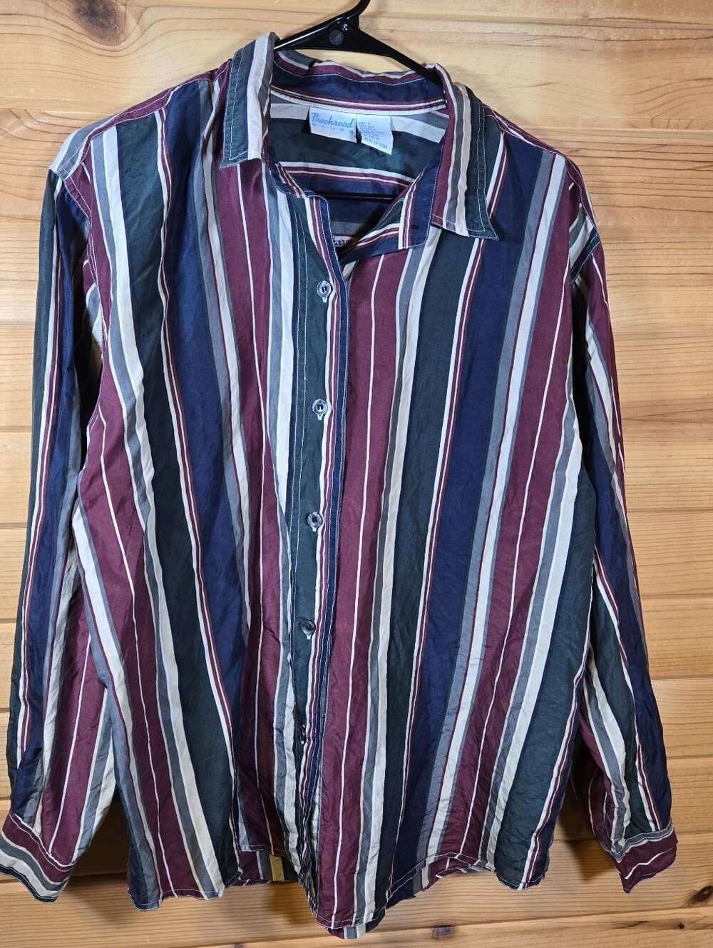 Vintage Silk Shirt Women's Large Striped Button Up Long Sleeve 80s 90s Retro Top